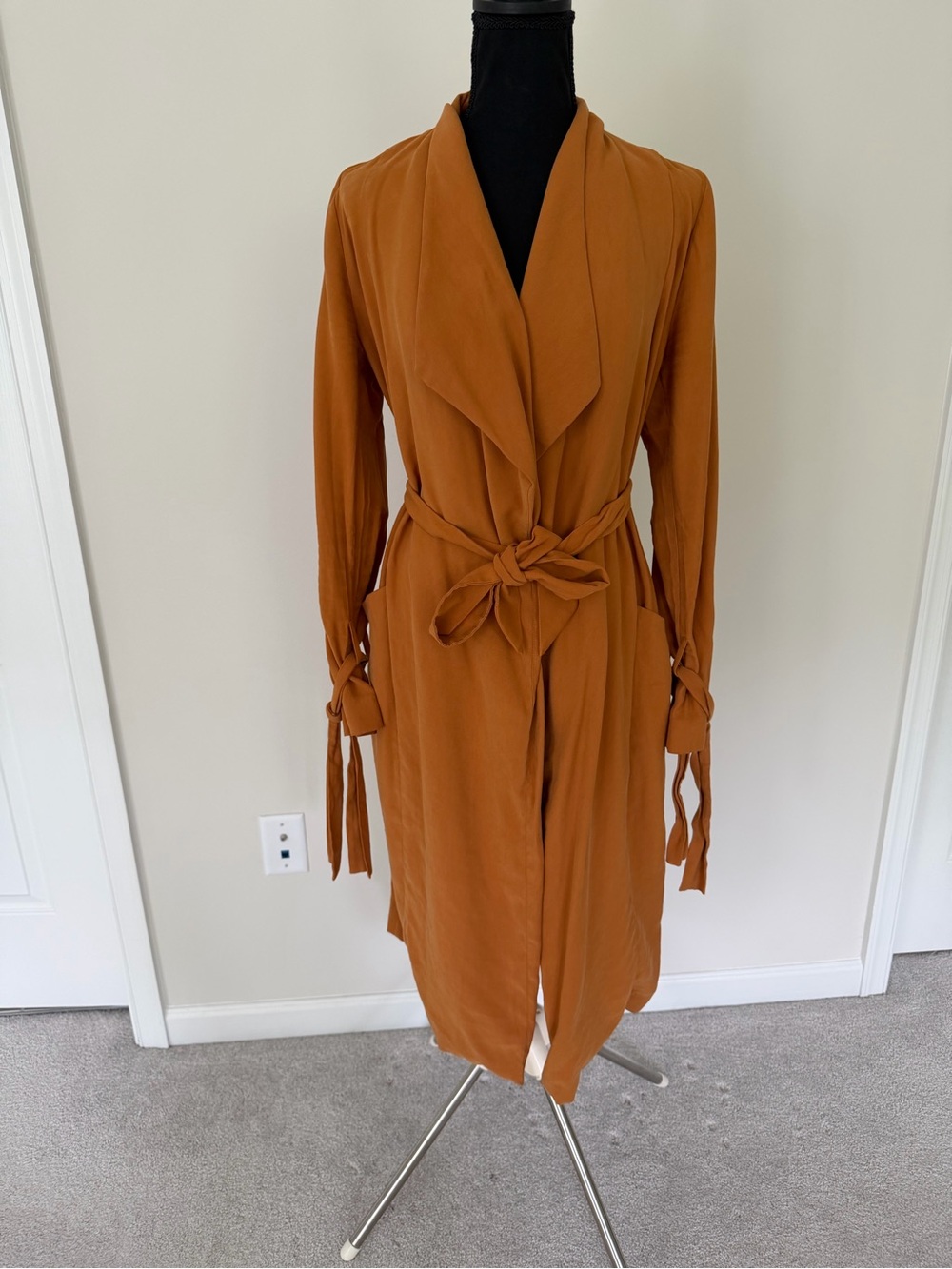 Express Camel Waterfall Cardigan Jacket Tie Waist Size S Elegant Chic - Picture 4 of 8